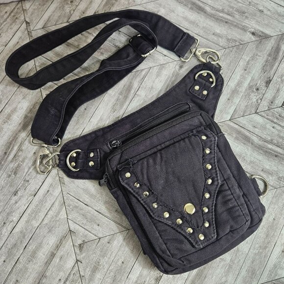 Fabric CrossBody Saddle Bag Purse Black Long Strap Silver Tone Hardware - Picture 1 of 13